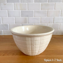 Load image into Gallery viewer, Vintage white embossed grid squares mixing bowl. Crafted by Robinson Ransbottom Pottery Co., 1950s. A well-crafted piece of stoneware offering a nostalgic vibe to your farmhouse or cottage kitchenware and decor!

Option 1: Capacity 2QTs. Measures 7 1/8 x 4 1/8 inches. In as found vintage condition, chips at the foot, age-related crazing, manufacturer&#39;s glaze pops. Unmarked.
