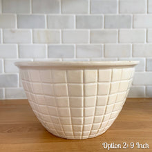 Load image into Gallery viewer, Vintage white embossed grid squares mixing bowl. Crafted by Robinson Ransbottom Pottery Co., 1950s. A well-crafted piece of stoneware offering a nostalgic vibe to your farmhouse or cottage kitchenware and decor!

Option 2: Capacity 3 QTs. Measures 9 1/8 x 5 1/8 inches. In good vintage condition, no chips/cracks/repairs, age-related crazing and minor staining on the interior, manufacturer&#39;s glaze pops. Maker&#39;s mark.
