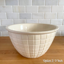 Load image into Gallery viewer, Vintage white embossed grid squares mixing bowl. Crafted by Robinson Ransbottom Pottery Co., 1950s. A well-crafted piece of stoneware offering a nostalgic vibe to your farmhouse or cottage kitchenware and decor!

Option 2: Capacity 3 QTs. Measures 9 1/8 x 5 1/8 inches. In good vintage condition, no chips/cracks/repairs, age-related crazing and minor staining on the interior, manufacturer&#39;s glaze pops. Maker&#39;s mark.
