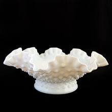 Load image into Gallery viewer, Gorgeous vintage milk glass 4 piece epergne in the &quot;Hobnail&quot; pattern by Fenton Art Glass. This piece is unmarked indicating it was made prior to 1970. This stunning piece is a classic and a perfect collection starter!  The entire piece is in excellent condition, free from chips/cracks.  The bowl measures 10 x 4 inches and each horn is 8 1/2 inches tall, total assembled height is 9 1/2 inches
