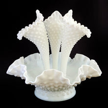 Load image into Gallery viewer, Gorgeous vintage milk glass 4 piece epergne in the &quot;Hobnail&quot; pattern by Fenton Art Glass. This piece is unmarked indicating it was made prior to 1970. This stunning piece is a classic and a perfect collection starter!  The entire piece is in excellent condition, free from chips/cracks.  The bowl measures 10 x 4 inches and each horn is 8 1/2 inches tall, total assembled height is 9 1/2 inches
