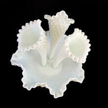 Load image into Gallery viewer, Gorgeous vintage milk glass 4 piece epergne in the &quot;Hobnail&quot; pattern by Fenton Art Glass. This piece is unmarked indicating it was made prior to 1970. This stunning piece is a classic and a perfect collection starter!  The entire piece is in excellent condition, free from chips/cracks.  The bowl measures 10 x 4 inches and each horn is 8 1/2 inches tall, total assembled height is 9 1/2 inches
