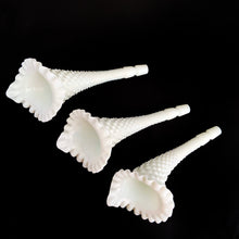 Load image into Gallery viewer, Gorgeous vintage milk glass 4 piece epergne in the &quot;Hobnail&quot; pattern by Fenton Art Glass. This piece is unmarked indicating it was made prior to 1970. This stunning piece is a classic and a perfect collection starter!  The entire piece is in excellent condition, free from chips/cracks.  The bowl measures 10 x 4 inches and each horn is 8 1/2 inches tall, total assembled height is 9 1/2 inches
