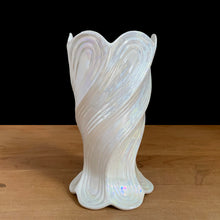 Load image into Gallery viewer, Vintage Irish bone china twist vase side angle, Celtic Weave white lustreware 1980s

