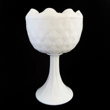 Load image into Gallery viewer, Add classic charm to your home decor with this vintage white milk glass &quot;Duette&quot; compote pedestal planter, featuring a sweet pin tuck or quilted star pattern finished with an inverted crimped edge. Crafted by Indiana Glass, USA, circa 1950s. Perfect for candies or use as a planter!  In excellent condition, free from chips.  Measures 5 x 8 3/4 inches
