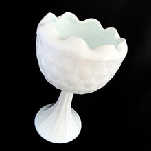 Load image into Gallery viewer, Add classic charm to your home decor with this vintage white milk glass &quot;Duette&quot; compote pedestal planter, featuring a sweet pin tuck or quilted star pattern finished with an inverted crimped edge. Crafted by Indiana Glass, USA, circa 1950s. Perfect for candies or use as a planter!  In excellent condition, free from chips.  Measures 5 x 8 3/4 inches
