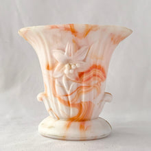 Load image into Gallery viewer, Vintage orange and white slag glass urn with embossed flower. Produced by Akro Agate, circa 1940s. These were produced for Jean Vivaudou Co. as packaging for their sachet products. Use as a bud vase or planter or repurpose to hold make-up brushes or pens/pencils.  In good vintage condition, with minor chips to the rim. Marked &quot;Made in the USA&quot;.   Measures 4 3/4 x 3 x 4 3/8 inches
