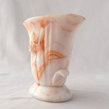 Load image into Gallery viewer, Vintage orange and white slag glass urn with embossed flower. Produced by Akro Agate, circa 1940s. These were produced for Jean Vivaudou Co. as packaging for their sachet products. Use as a bud vase or planter or repurpose to hold make-up brushes or pens/pencils.  In good vintage condition, with minor chips to the rim. Marked &quot;Made in the USA&quot;.   Measures 4 3/4 x 3 x 4 3/8 inches
