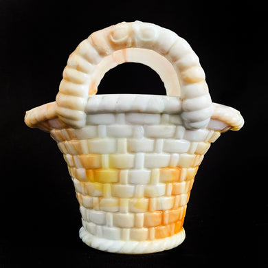 Vintage marbleized slag glass handled basket toothpick holder in swirled shades of white and orange. Produced by Akro Agate, circa 1940s. A lovely piece for to use as a vase, planter catchall, candy dish or upscale your office and use this as a paperclip holder.  In good vintage condition, free from chips/cracks.  Unmarked.  Measures 4 x 2 3/4 x 3 7/8 inches