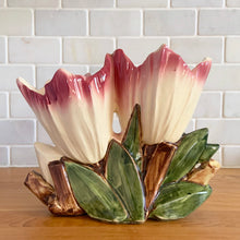 Load image into Gallery viewer, Rare vintage mid-century gloss white and dark pink lower double tulip vase. Crafted by McCoy Pottery, USA, 1953. This special piece is must for any art pottery collector!

In excellent condition, no chips/cracks/repairs. Maker's mark.

Measures 8 1/4 x 3 3/8 x 6 1/2 inches
