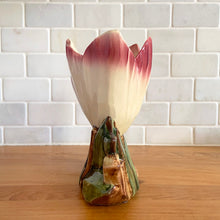 Load image into Gallery viewer, Rare vintage mid-century gloss white and dark pink lower double tulip vase. Crafted by McCoy Pottery, USA, 1953. This special piece is must for any art pottery collector!

In excellent condition, no chips/cracks/repairs. Maker's mark.

Measures 8 1/4 x 3 3/8 x 6 1/2 inches
