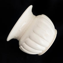 Load image into Gallery viewer, Vintage white glazed round urn-shaped planter with ribbed details and flared rim. Produced by Relpo, Japan, circa 1960s. A great vessel to home your houseplants and succulents or use to display a beautiful floral bouquet.  In excellent condition, free from chips/cracks/repairs. Marked &quot;Relpo Japan 5199&quot; and partial sticker.  Measures 4 1/2 x 4 inches
