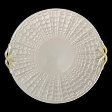 Load image into Gallery viewer, Belleek Tridacna handled cake plate, overhead view showing radiating raised shell pattern with scalloped rim and yellow figural coral handles, vintage Irish porcelain

