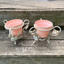 Load image into Gallery viewer, Jacks Daughter of All Trades Vintage Antique Mid-Century Store Shop Reseller Etsy Shopify Toronto Canada Free Porch Pick Up Local Delivery Worldwide Shipping Judy Weinberg Unique Housewarming Gift Sustainable Gift Home Decor Collectible Collector Gift Farmhouse Cottagecore Cottage Lodge Shabby Chic Industrial Hollywood Regency Pair white shabby chic wrought iron metal garden plant stands grapevines gardeners gift 

