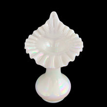 Load image into Gallery viewer, Vintage white opalescent Jack-in-the-Pulpit hand blown iridescent glass vase. Crafted by Fenton Art Glass, USA, pre-1970s. A gorgeous way to start or add to your art glass collection!

In excellent condition, no chips.

Measures 5 1/2 x 9 1/4 inches
