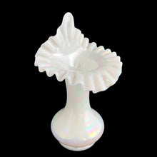Load image into Gallery viewer, Vintage white opalescent Jack-in-the-Pulpit hand blown iridescent glass vase. Crafted by Fenton Art Glass, USA, pre-1970s. A gorgeous way to start or add to your art glass collection!

In excellent condition, no chips.

Measures 5 1/2 x 9 1/4 inches
