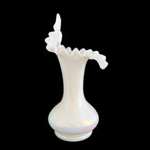 Load image into Gallery viewer, Vintage white opalescent Jack-in-the-Pulpit hand blown iridescent glass vase. Crafted by Fenton Art Glass, USA, pre-1970s. A gorgeous way to start or add to your art glass collection!

In excellent condition, no chips.

Measures 5 1/2 x 9 1/4 inches
