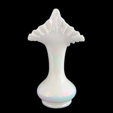 Load image into Gallery viewer, Vintage white opalescent Jack-in-the-Pulpit hand blown iridescent glass vase. Crafted by Fenton Art Glass, USA, pre-1970s. A gorgeous way to start or add to your art glass collection!

In excellent condition, no chips.

Measures 5 1/2 x 9 1/4 inches
