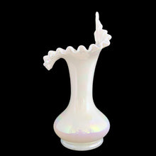 Load image into Gallery viewer, Vintage white opalescent Jack-in-the-Pulpit hand blown iridescent glass vase. Crafted by Fenton Art Glass, USA, pre-1970s. A gorgeous way to start or add to your art glass collection!

In excellent condition, no chips.

Measures 5 1/2 x 9 1/4 inches
