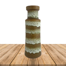 Load image into Gallery viewer, Vintage mid-century moss green and white fat lava glazed art pottery vase, shape 205-32. Crafted by Scheurich, West Germany, 1970s. Add vintage craftsmanship to your home&#39;s decor with this stunning vase!&nbsp;  In excellent condition, no chips/cracks/repairs.  Measures 4 1/2 x 12 3/8 inches
