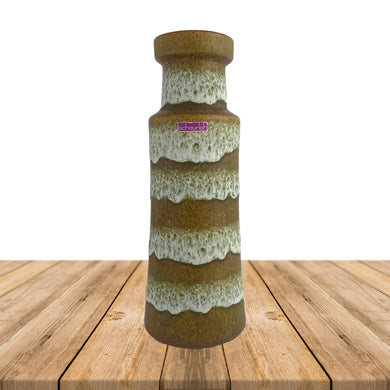 Vintage mid-century moss green and white fat lava glazed art pottery vase, shape 205-32. Crafted by Scheurich, West Germany, 1970s. Add vintage craftsmanship to your home's decor with this stunning vase!   In excellent condition, no chips/cracks/repairs.  Measures 4 1/2 x 12 3/8 inches
