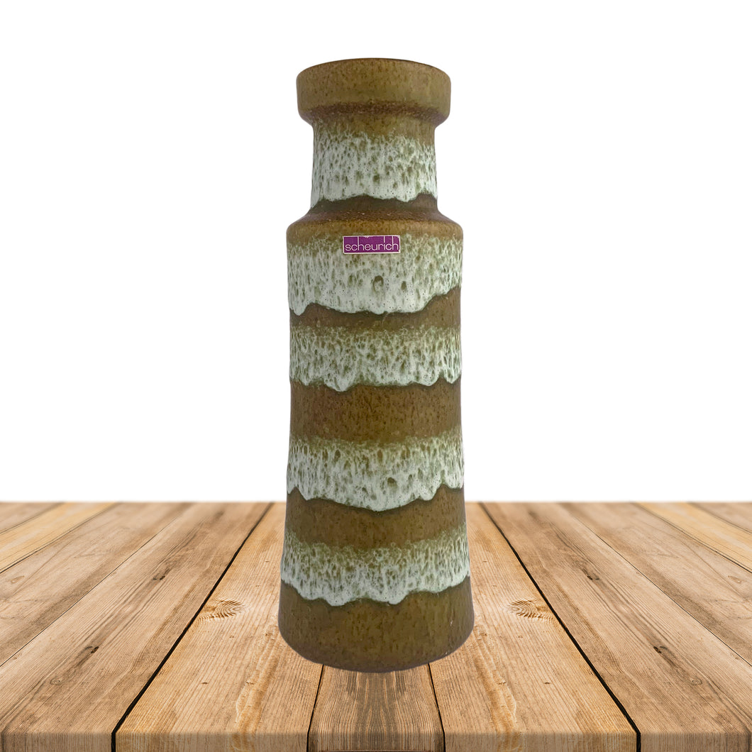Vintage mid-century moss green and white fat lava glazed art pottery vase, shape 205-32. Crafted by Scheurich, West Germany, 1970s. Add vintage craftsmanship to your home's decor with this stunning vase!   In excellent condition, no chips/cracks/repairs.  Measures 4 1/2 x 12 3/8 inches