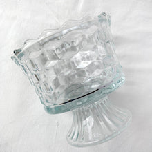 Load image into Gallery viewer, Vintage clear &quot;Whitehall&quot; footed compote features a stacked cube design. Crafted by Colony Glass, USA, circa 1960s. This versatile piece can be used a candy dish, catchall and votive candle holder.  In excellent condition, free from chips.  Measures 6 x 5 1/2 inches   

