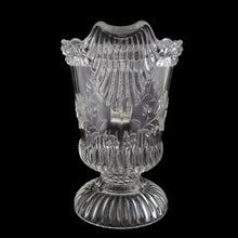 Load image into Gallery viewer, Spout profile of antique Adams &amp; Co. EAPG Wildflower #140 footed creamer pitcher showing the handle construction, ribbed base, and footed stem detail in clear pressed glass, USA, c.1880
