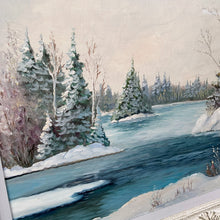 Load image into Gallery viewer, Vintage original oil painting depicting a river and forest Muskokan winter landscape, framed in wood. Signed by Anna Jalava, listed Canadian artist, 1950s. This work was painted on masonite and is in its original wooden frame. Famous for her Ontario landscapes, Ms. Jalava skillfully painted northern landscapes, particularly in Muskoka, Ontario using soft pastel colours and fine, careful drawings which are the signature for this family of painters.
