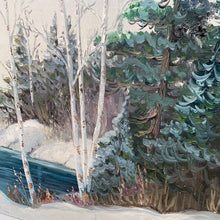 Load image into Gallery viewer, Vintage original oil painting depicting a river and forest Muskokan winter landscape, framed in wood. Signed by Anna Jalava, listed Canadian artist, 1950s. This work was painted on masonite and is in its original wooden frame. Famous for her Ontario landscapes, Ms. Jalava skillfully painted northern landscapes, particularly in Muskoka, Ontario using soft pastel colours and fine, careful drawings which are the signature for this family of painters.
