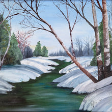 Load image into Gallery viewer, Skillfully hand-painted vintage original oil on board of a river in winter landscape. Signed by Canadian artist, Maybelle May, January 1972. This one-of-a-kind piece will add an exquisite touch of artistry to your home decor. Measures 18 x 14 inch board Framed size 20 3/4 x 16 3/4 inches
