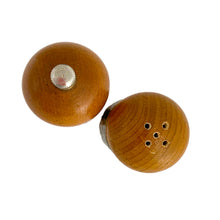 Load image into Gallery viewer, A great retro teak wood and green glazed basketweave patterned ceramic salt shaker and pepper grinder set. Crafted in Japan, circa 1970s. A great addition to your tableware collection!  In excellent used vintage condition.  Measures approximately 1 3/4 x 5 3/4 inches.
