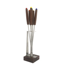 Load image into Gallery viewer, Vintage wood and stainless steel fondue fork set comes with 6 forks and stand. Made in Japan, 1960s. Enjoy a night of fondue fun with this mid mod set.

In excellent vintage condition, in original box (box is torn)
