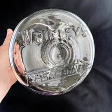 Load image into Gallery viewer, Highly collectible antique vintage Wrigley&#39;s Spearmint Gum clear glass advertising apothecary jar with the company and product logo impressed on the bottom. 
