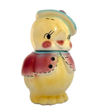 Load image into Gallery viewer, Vintage mid-century hand painted figural chick ceramic cookie jar, hand painted in shades of yellow, wearing a pink and blue jacket with black stitching and topped with a blue and pink beret. Crafted by American Bisque, USA, circa 1950s. Add some kitsch to your kitchen decor with this adorable collectible!

In excellent condition, minor chip on the underside of the foot, no cracks, age-related crazing.

Measures 6 x 7 x 11 3/4 inches
