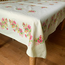 Load image into Gallery viewer, Add some vintage charm to your tablescape with this yellow cotton rectangular tablecloth featuring sprays of flowers in shades of pink, yellow, orange and green. Perfect for adding a hint of nostalgia to any gathering!  In excellent condition, free from stains/tears.  Measures 53 x 41 inches
