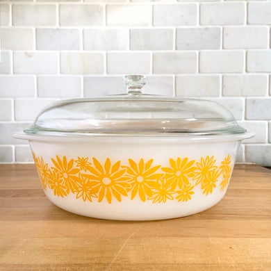 Vintage Glasbake milk glass round lidded 3 quart casserole dish featuring the 