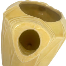 Load image into Gallery viewer, Exceptional vintage gloss yellow art deco leaf wrapped pitcher with strap handle. Crafted by McCoy Pottery, 1949. This rare pitcher must for any art pottery collector!

In excellent vintage condition, no chips/crack/repairs, no noticeable crazing. Maker&#39;s mark on the bottom.

Measures 8 x 5 x 7 3/4 inches (incl. handle)

Capacity 55 ounces
