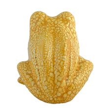 Load image into Gallery viewer, Rear view of vintage yellow lava glaze ceramic frog sponge holder, showing the rounded back, hind legs, and full pebbled lava glaze texture
