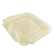 Load image into Gallery viewer, Experience the timeless elegance and versatility of this vintage yellow &quot;Lorain&quot; depression glass salad plate #615, handcrafted by the Indiana Glass Company in the USA circa 1929. Perfect for adding a touch of sophistication to any table setting or display in your glass collection! In used vintage condition, free from chips, with wear commensurate with use.  Measures 7 3/4 x 7 3/4 inches
