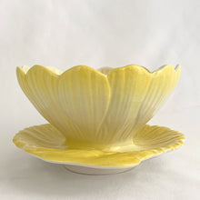 Load image into Gallery viewer, Here is a lovely vintage sherbet/dessert bowl in the shape of a lotus flower glazed in shades of yellow and white. Crafted by Royal Winton Grimwades, England, circa 1930s. Collect all the colours of this lovely porcelain.  In excellent condition, no chips or cracks.  Measures 4 3/4 x 2 1/2 inches
