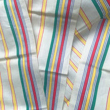 Load image into Gallery viewer, Vintage&nbsp;cream linen with yellow, red and green stripes deck chair fabric remnant. Made in France. Perfect for crafting and home decor projects.  In excellent condition, no stains/tears.  Measures 16 1/2 x 104 inches
