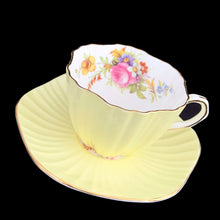 Load image into Gallery viewer, Close-up of pink rose and colourful floral pattern on EB Foley 1850 bone china tea cup, Pattern 3627 
