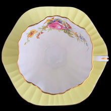 Load image into Gallery viewer, Overhead view of EB Foley 1850 bone china teacup and saucer showing pink rose bouquet and gold gilt rim, Pattern 3627
