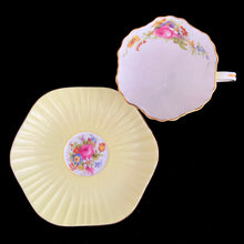 Load image into Gallery viewer, Overhead view of EB Foley 1850 bone china teacup and saucer showing pink rose bouquet and gold gilt rim, Pattern 3627

