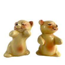 Load image into Gallery viewer, Vintage hand painted yellow Snuggle Hugs hugging bears salt and pepper shakers. Designed by Ruth Van Tellinger, USA, 1940s. Add these adorable kitschy shakers to your collection!

In excellent condition, no chips/cracks/repairs. Impressed maker&#39;s mark on the bottom.

Measures 2 3/8 x 2 3/4 x 3 3/8 inches
