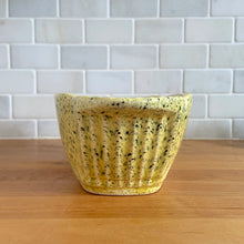 Load image into Gallery viewer, Vintage glossy yellow speckle glazed oval ceramic planter. Crafted by Robinson Ransbottom Pottery Co., USA, 1960s. A unique piece to add to your art pottery collection!

In excellent condition, no chips/cracks/repairs. Maker&#39;s marks.

Measures 11 1/4 x 5 1/2 x 3 1/2 inches
