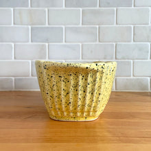 Load image into Gallery viewer, Vintage glossy yellow speckle glazed oval ceramic planter. Crafted by Robinson Ransbottom Pottery Co., USA, 1960s. A unique piece to add to your art pottery collection!

In excellent condition, no chips/cracks/repairs. Maker&#39;s marks.

Measures 11 1/4 x 5 1/2 x 3 1/2 inches
