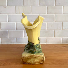 Load image into Gallery viewer, Rare vintage mid-century yellow triple lily vase. Crafted by McCoy Pottery, USA, 1950s. This rare piece is must for any art pottery collector!

In excellent condition, no chips/cracks/repairs. Maker's mark.

Measures 8 1/8 x 3 1/2 x 6 3/4 inches
