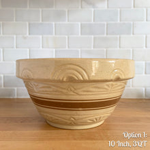 Load image into Gallery viewer, Vintage brown striped yellow ware impressed mixing bowl, No. 305 with impressed details. Crafted by Robinson Ransbottom, USA, 1920s. A well-crafted piece of stoneware offering a nostalgic vibe to your farmhouse or cottage kitchenware and decor!

Option 1: 3 QT, 101/4 x 5 1/2 inches. In good vintage condition, no chips/cracks/repairs, typical age-related crazing and manufacturer&#39;s defect at the rim. Maker&#39;s mark.
